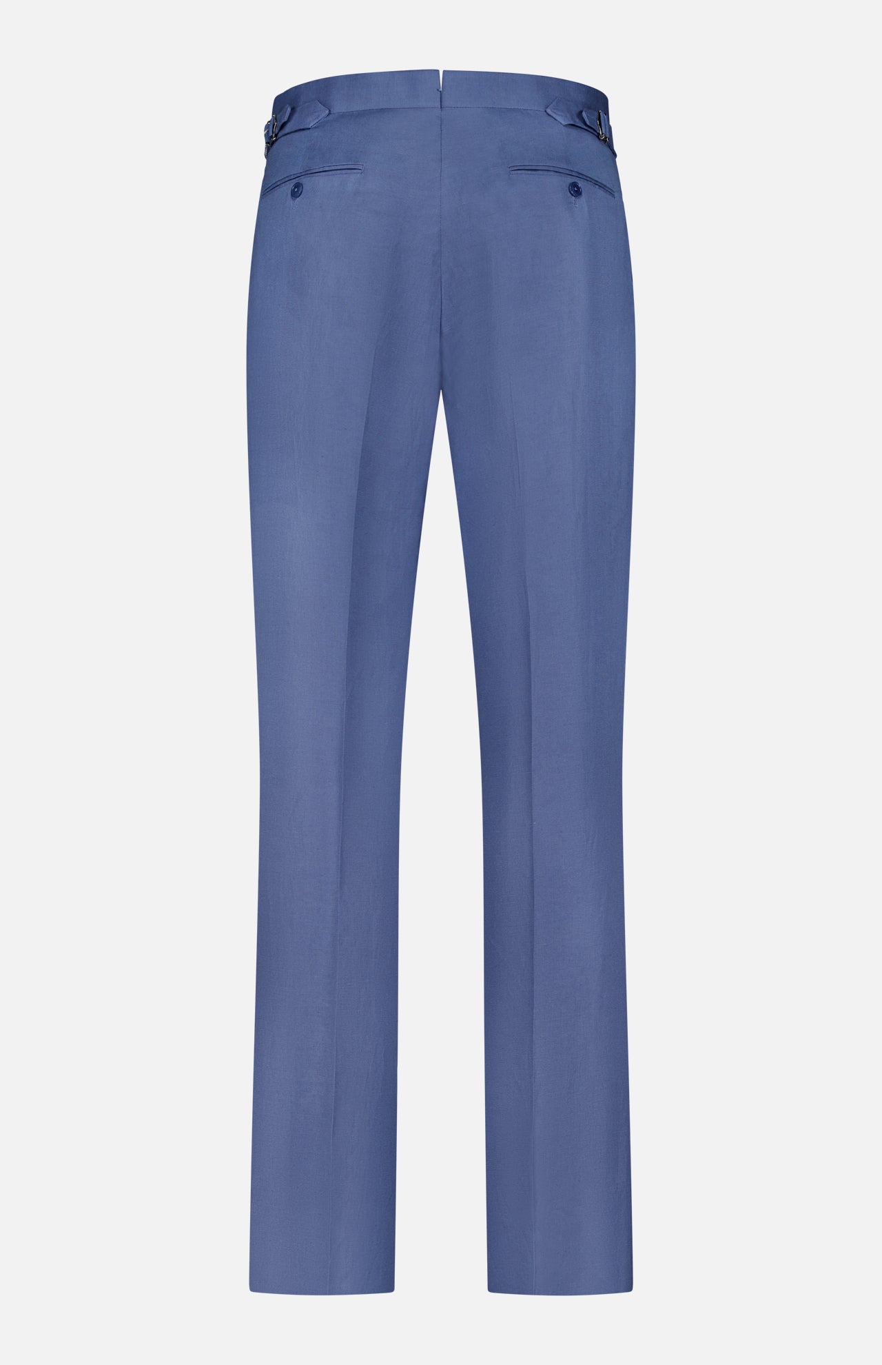Back view of the Ralph Lauren Purple Label Silk Linen Trouser in light blue, featuring buttoned back pockets and adjustable side tabs, displayed on a plain white background.