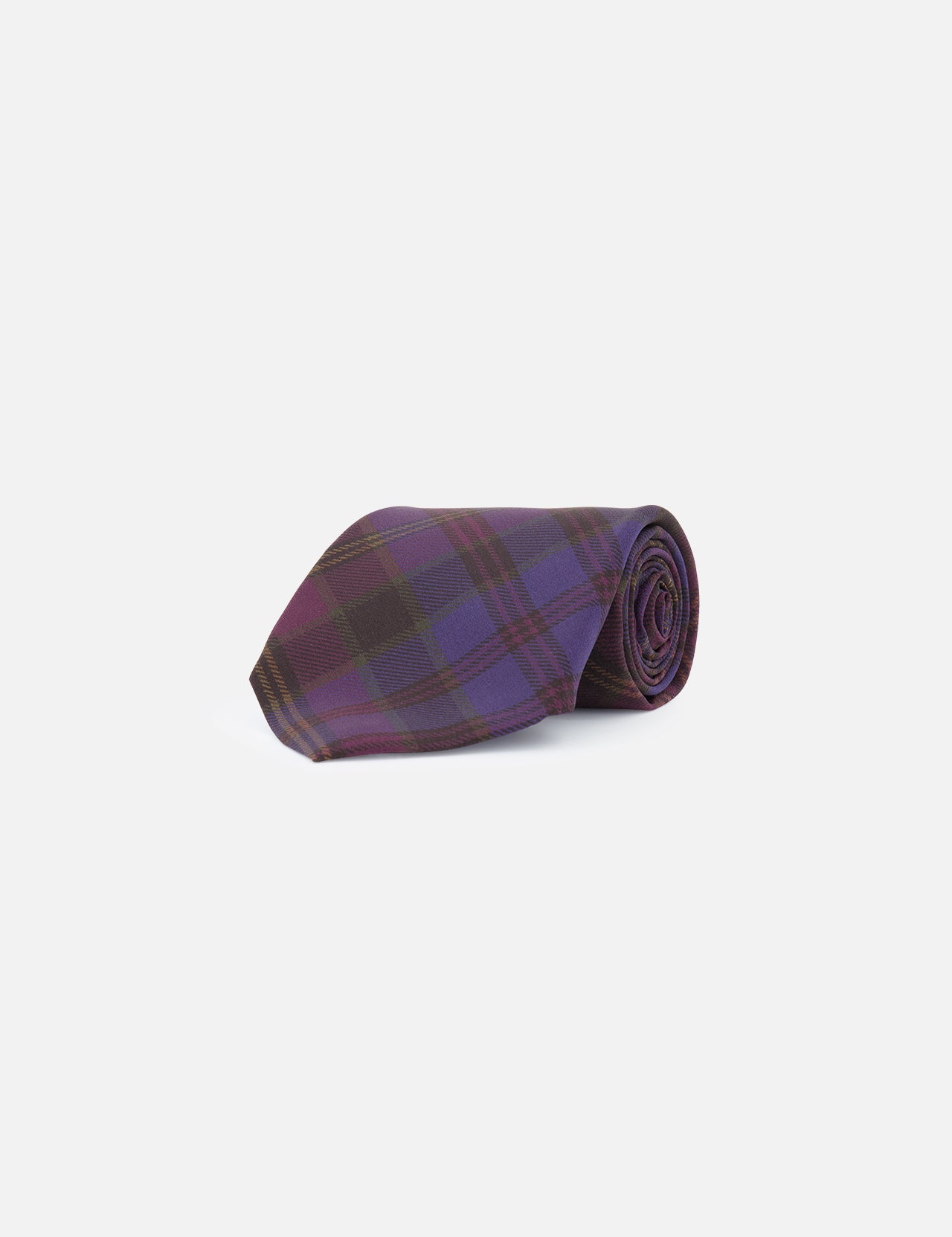 The Silk Tartan Tie by RALPH LAUREN PURPLE LABEL, made in Italy, features a purple and dark tartan plaid pattern and is shown rolled up on a white background.