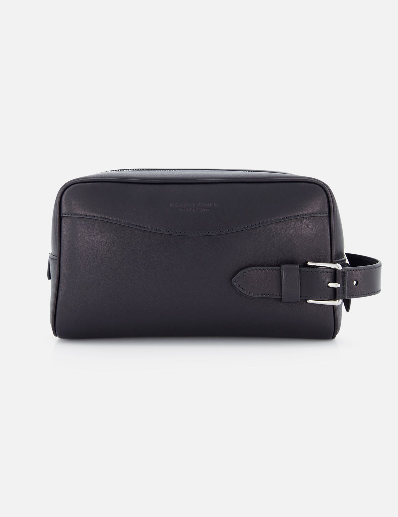 The Small Calfskin Saddle Pouch from RALPH LAUREN PURPLE LABEL, featuring a side handle and buckle detail, is shown in black leather against a plain white background.
