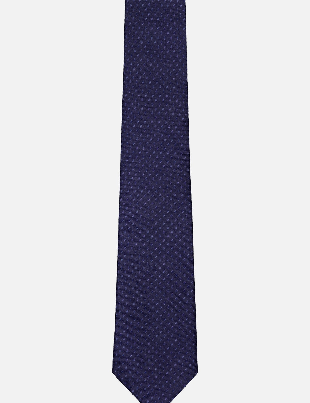 The Standard Neck Tie by RALPH LAUREN PURPLE LABEL is a navy blue cashmere-silk tie with a subtle small dot pattern, crafted in Italy and shown on a plain white background.