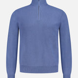 The RALPH LAUREN PURPLE LABEL Wool Pique 1/4 Zip Pullover Sweater features a plain blue design, long sleeves, and a high collar with a short zipper, shown against a white background.