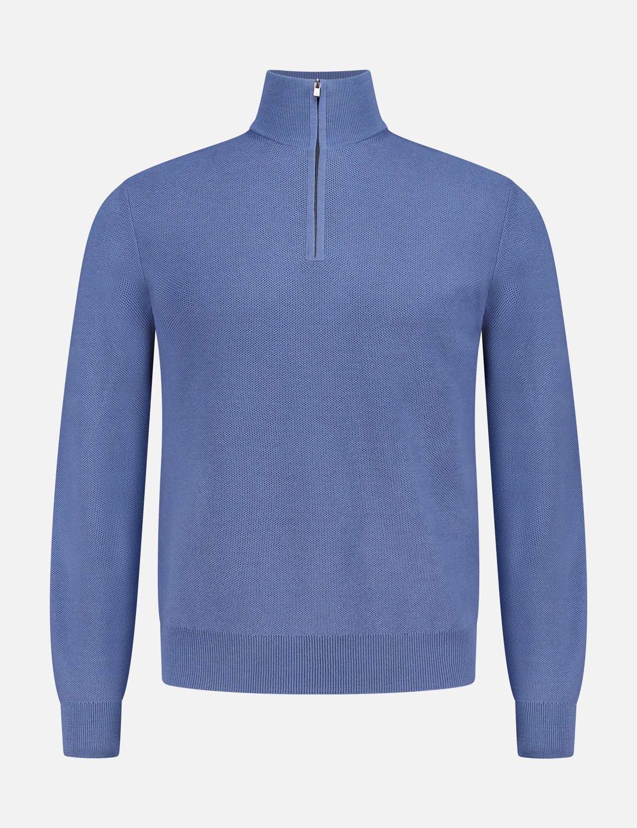 The RALPH LAUREN PURPLE LABEL Wool Pique 1/4 Zip Pullover Sweater features a plain blue design, long sleeves, and a high collar with a short zipper, shown against a white background.