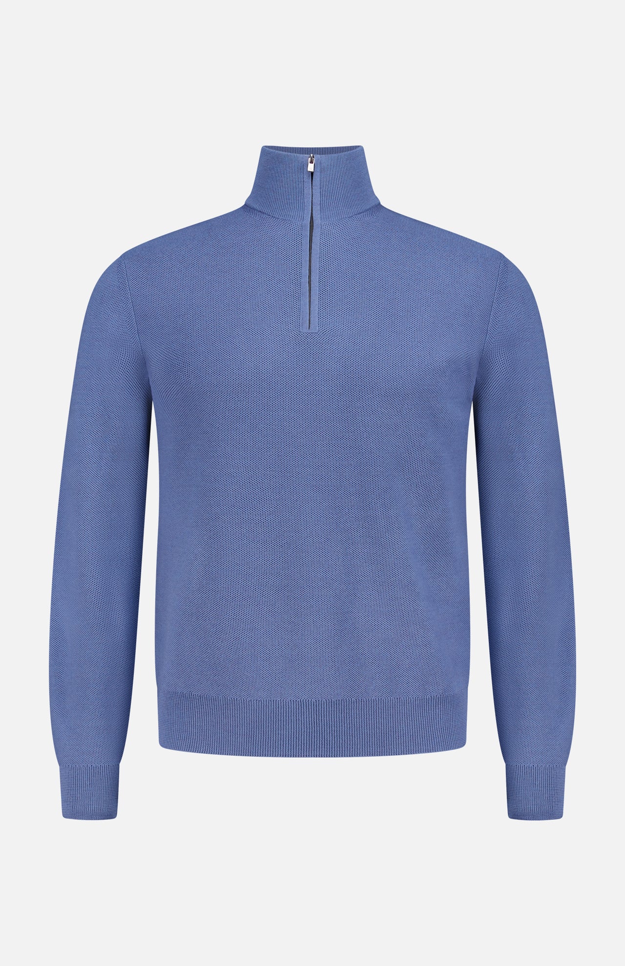The RALPH LAUREN PURPLE LABEL Wool Pique 1/4 Zip Pullover Sweater features a plain blue design, long sleeves, and a high collar with a short zipper, shown against a white background.