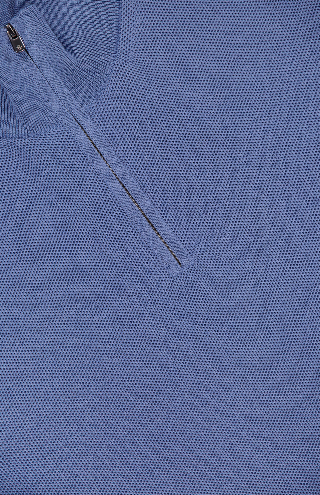 Close-up of the textured blue knit fabric and zippered collar of the RALPH LAUREN PURPLE LABEL Wool Pique 1/4 Zip Pullover Sweater.