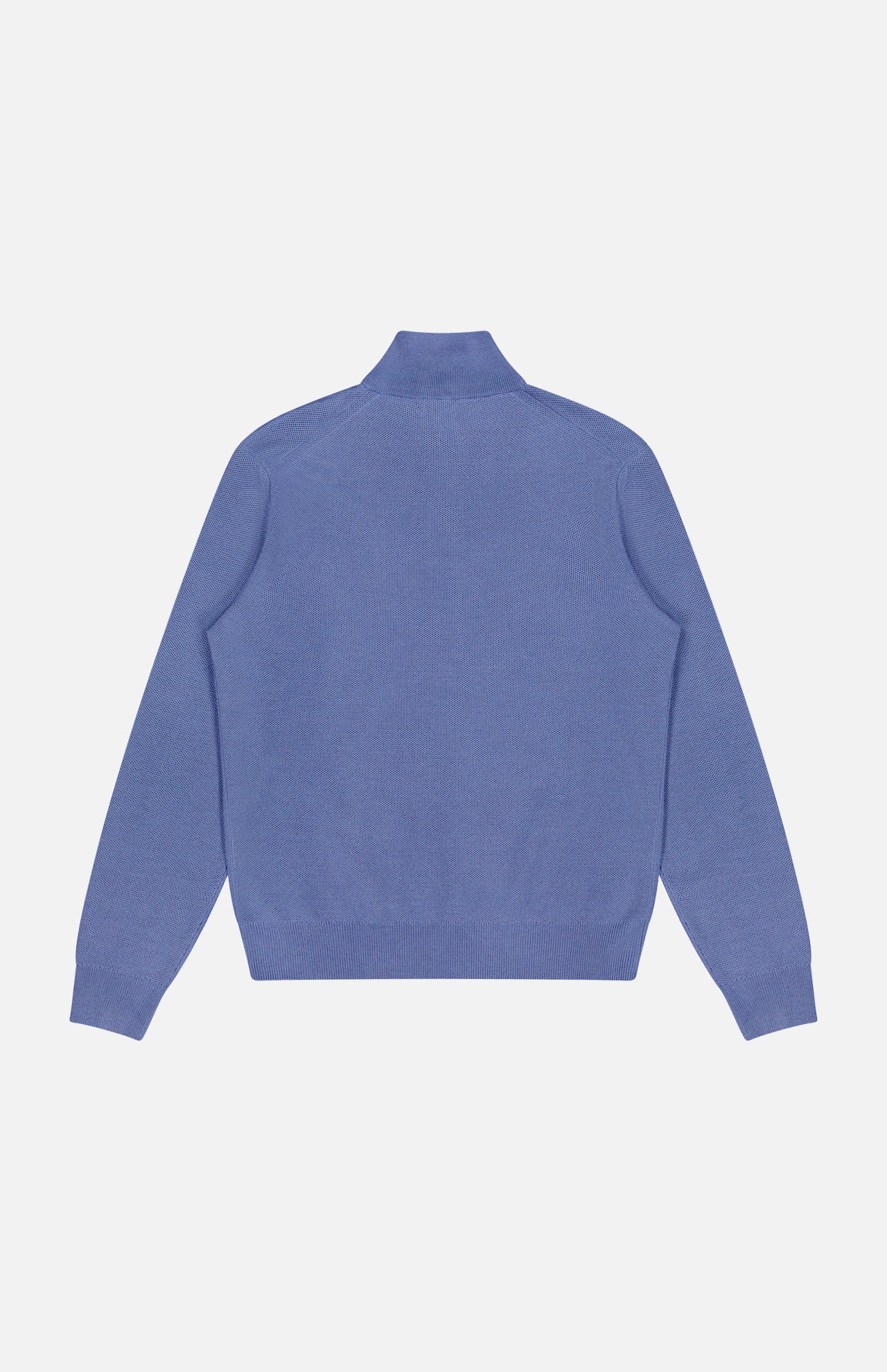 The RALPH LAUREN PURPLE LABEL Wool Pique 1/4 Zip Pullover Sweater is displayed laid flat, back facing up, against a white background.
