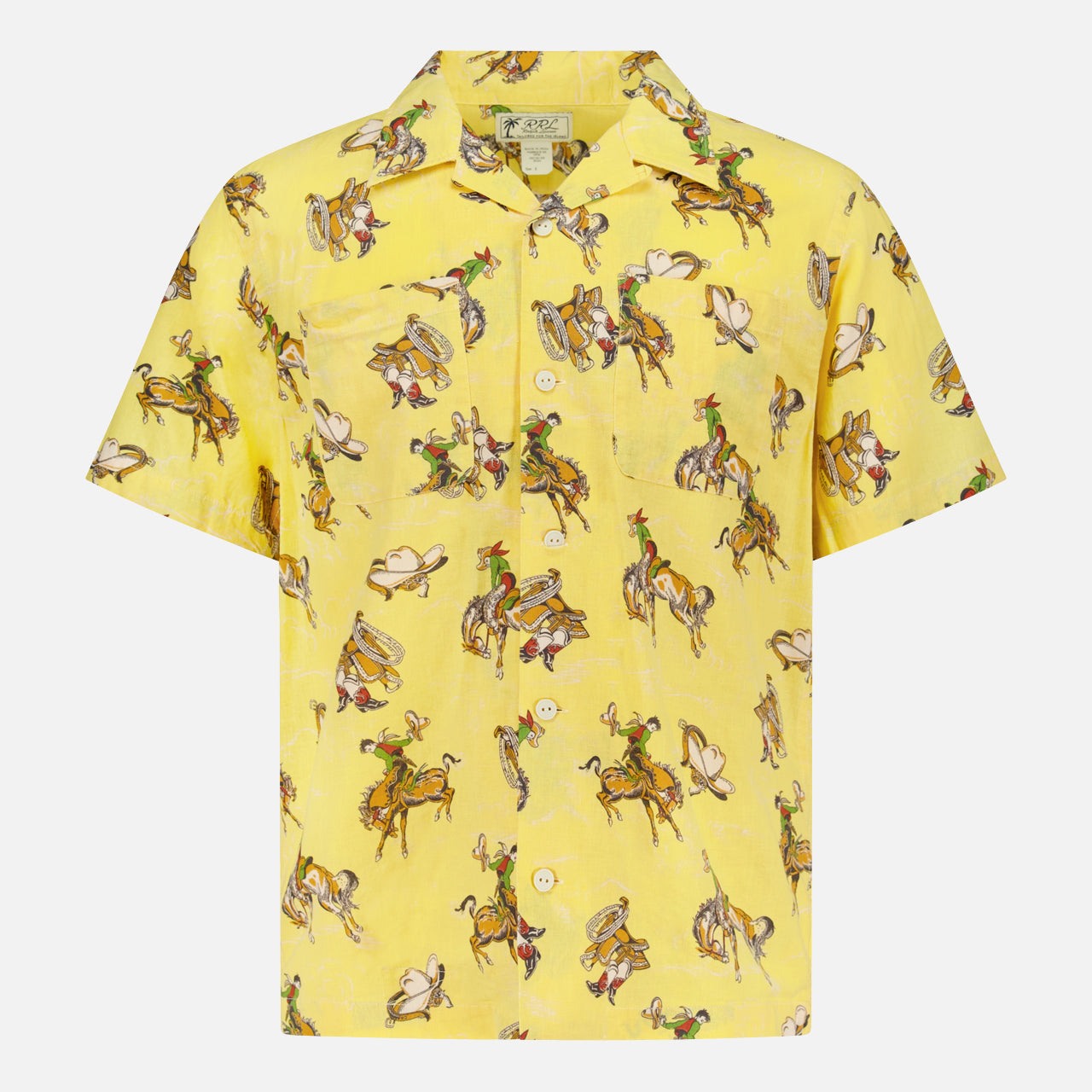 The RALPH LAUREN RRL Cotton 2-Pocket Camp Shirt in yellow features a colorful cowboy print, classic collar, relaxed fit, and soft linen-cotton fabric—perfect for making a bold statement this summer.