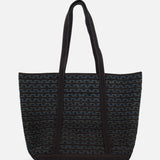The Cotton Banks Beach Bag from RALPH LAUREN RRL features navy fabric with a dark geometric pattern, indigo denim handles for easy carrying, black trim, and a structured rectangular shape.