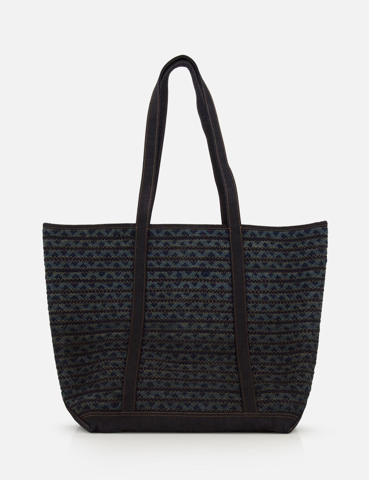 The Cotton Banks Beach Bag from RALPH LAUREN RRL features navy fabric with a dark geometric pattern, indigo denim handles for easy carrying, black trim, and a structured rectangular shape.