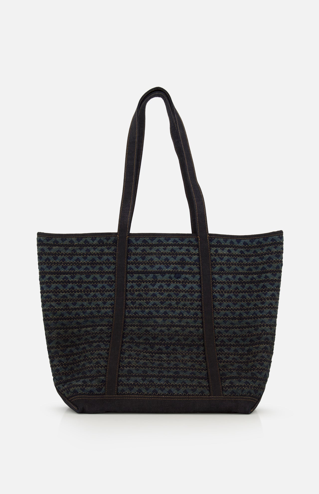 The Cotton Banks Beach Bag from RALPH LAUREN RRL features navy fabric with a dark geometric pattern, indigo denim handles for easy carrying, black trim, and a structured rectangular shape.