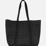 The RALPH LAUREN RRL Cotton Banks Beach Bag is a large navy tote with indigo denim handles, black trim, and a subtle wavy textured fabric, shown against a plain white background.