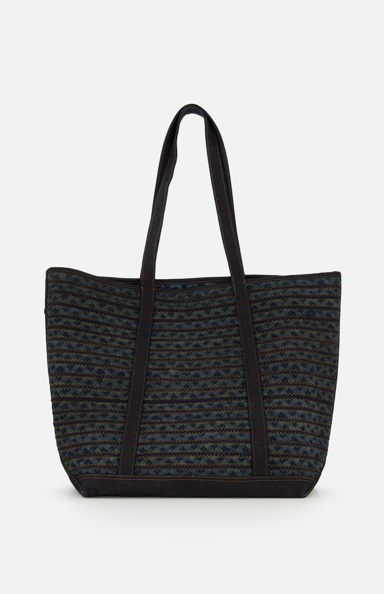 The RALPH LAUREN RRL Cotton Banks Beach Bag is a large navy tote with indigo denim handles, black trim, and a subtle wavy textured fabric, shown against a plain white background.