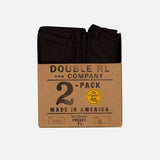 A brown cardboard package labeled RALPH LAUREN RRL Cotton Jersey Knit Pocket T-Shirt (2 Pack), Made in America, contains two folded black medium t-shirts crafted from USA-sourced cotton for a vintage look.
