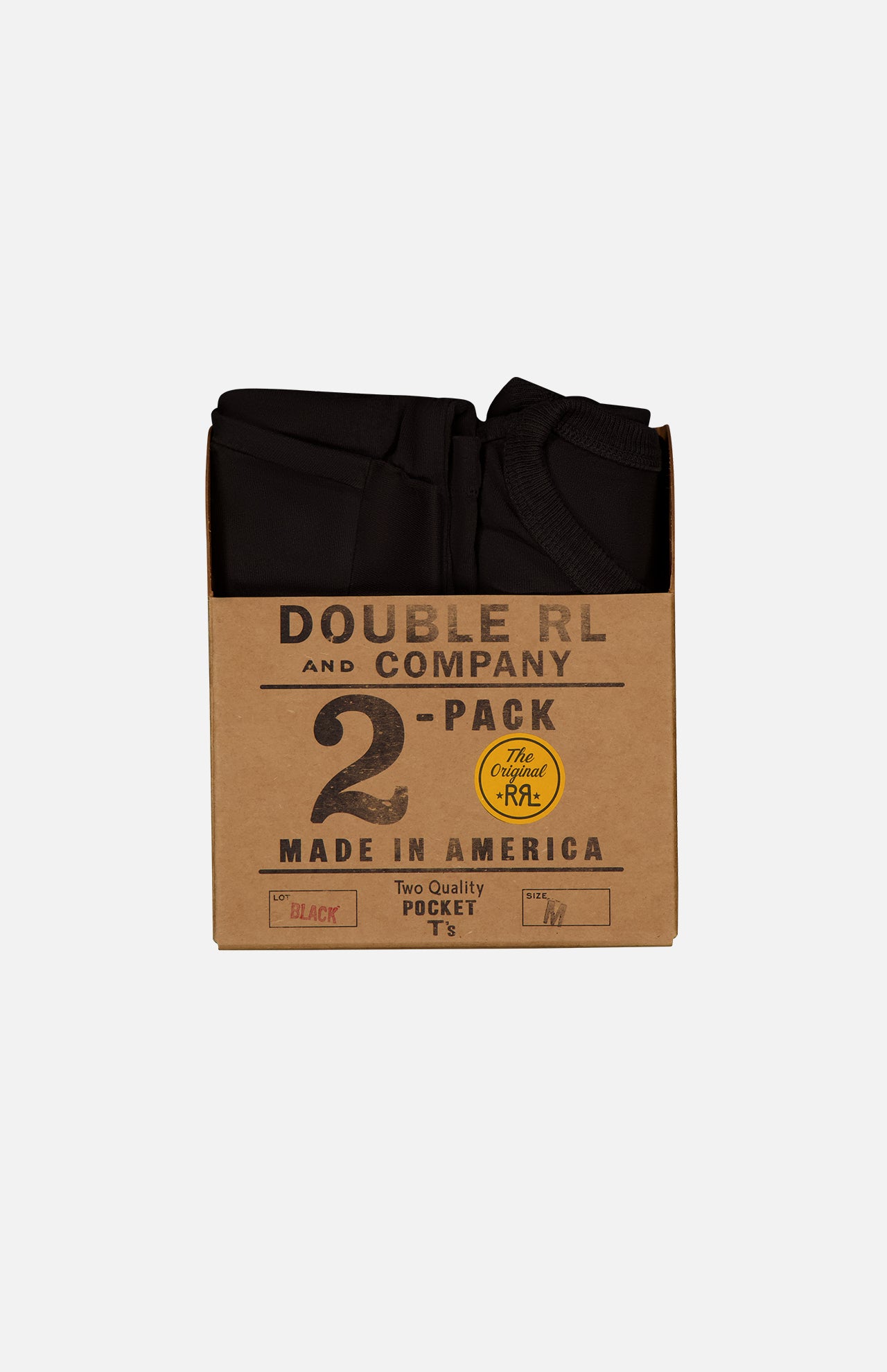 A brown cardboard package labeled RALPH LAUREN RRL Cotton Jersey Knit Pocket T-Shirt (2 Pack), Made in America, contains two folded black medium t-shirts crafted from USA-sourced cotton for a vintage look.