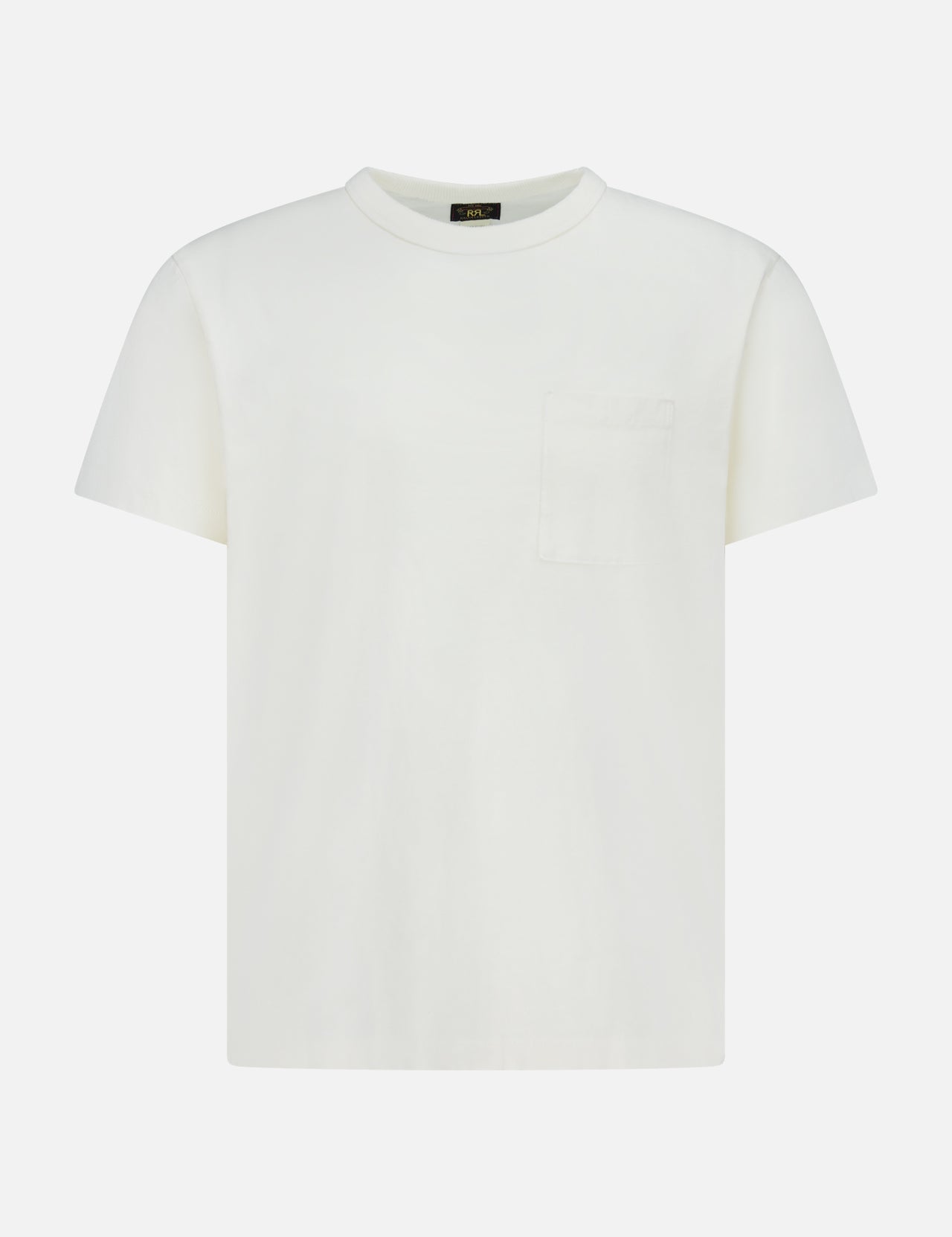 The RALPH LAUREN RRL Cotton Jersey Knit Pocket T-Shirt (2 Pack) features classic white short sleeves, a round neckline, and a small left chest pocket, inspired by vintage tees and shown on a white background.
