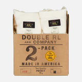 A cardboard box labeled RALPH LAUREN RRL Cotton Jersey Knit Pocket T-Shirt (2 Pack) contains two folded vintage white tees, visible above the box with tags displaying the brand logo and Made in USA.