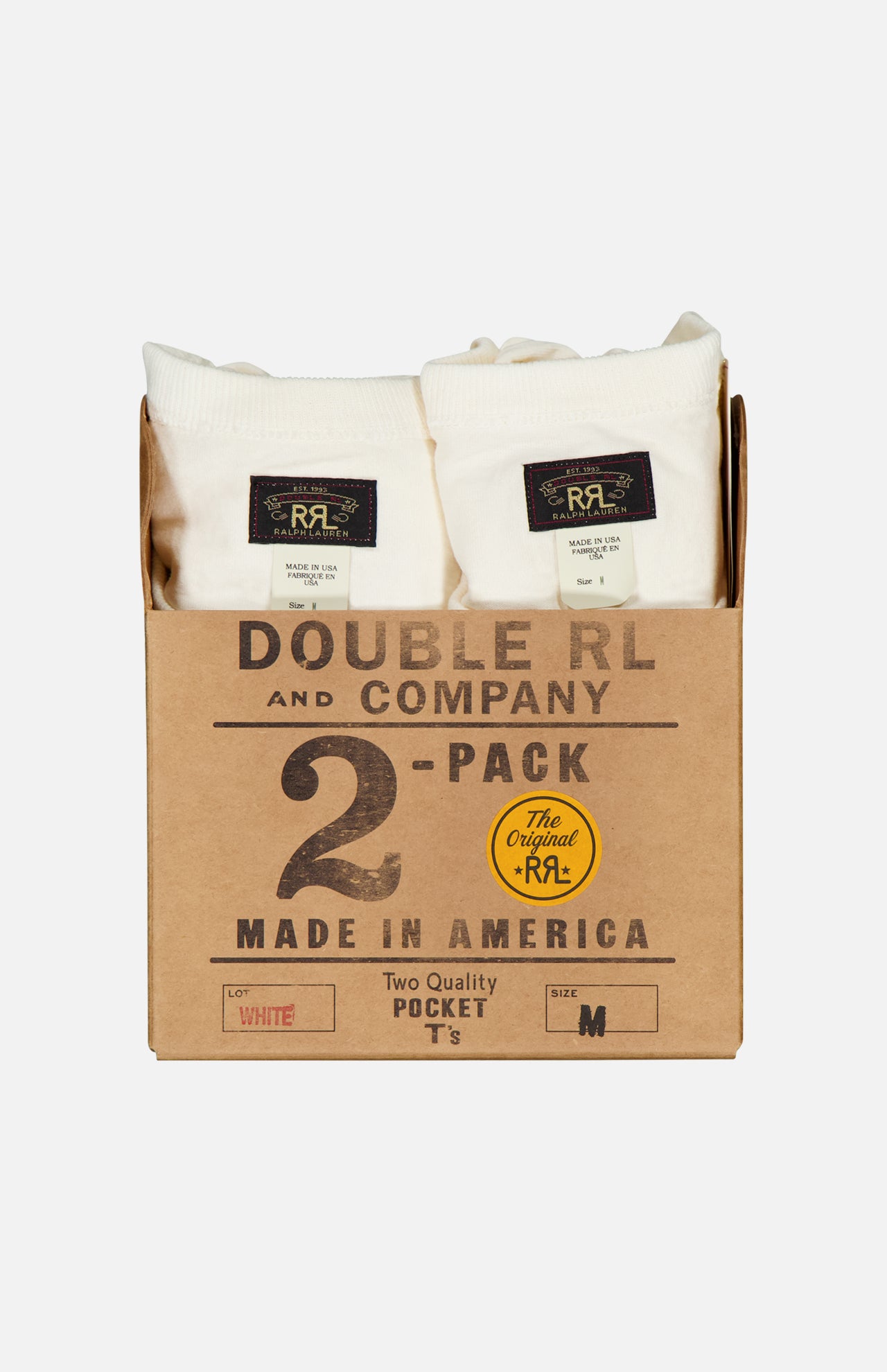 A cardboard box labeled RALPH LAUREN RRL Cotton Jersey Knit Pocket T-Shirt (2 Pack) contains two folded vintage white tees, visible above the box with tags displaying the brand logo and Made in USA.