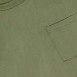 Close-up of the RALPH LAUREN RRL Cotton Jersey Pocket T-Shirt in olive green, featuring garment-dyed cotton, a chest pocket, collar, and an inside neck label with the Double RL logo and medium size.