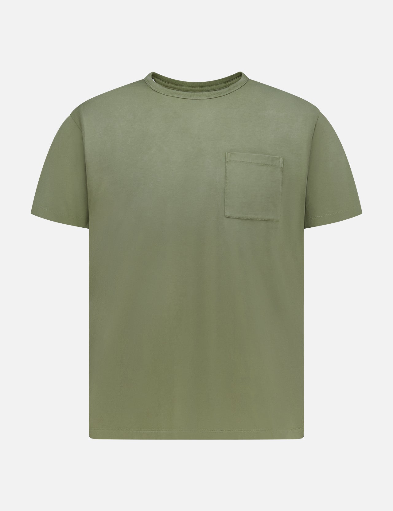 The RALPH LAUREN RRL Cotton Jersey Pocket T-Shirt in olive green features a crew neckline, garment-dyed cotton, and a small left chest pocket, shown against a plain white background.