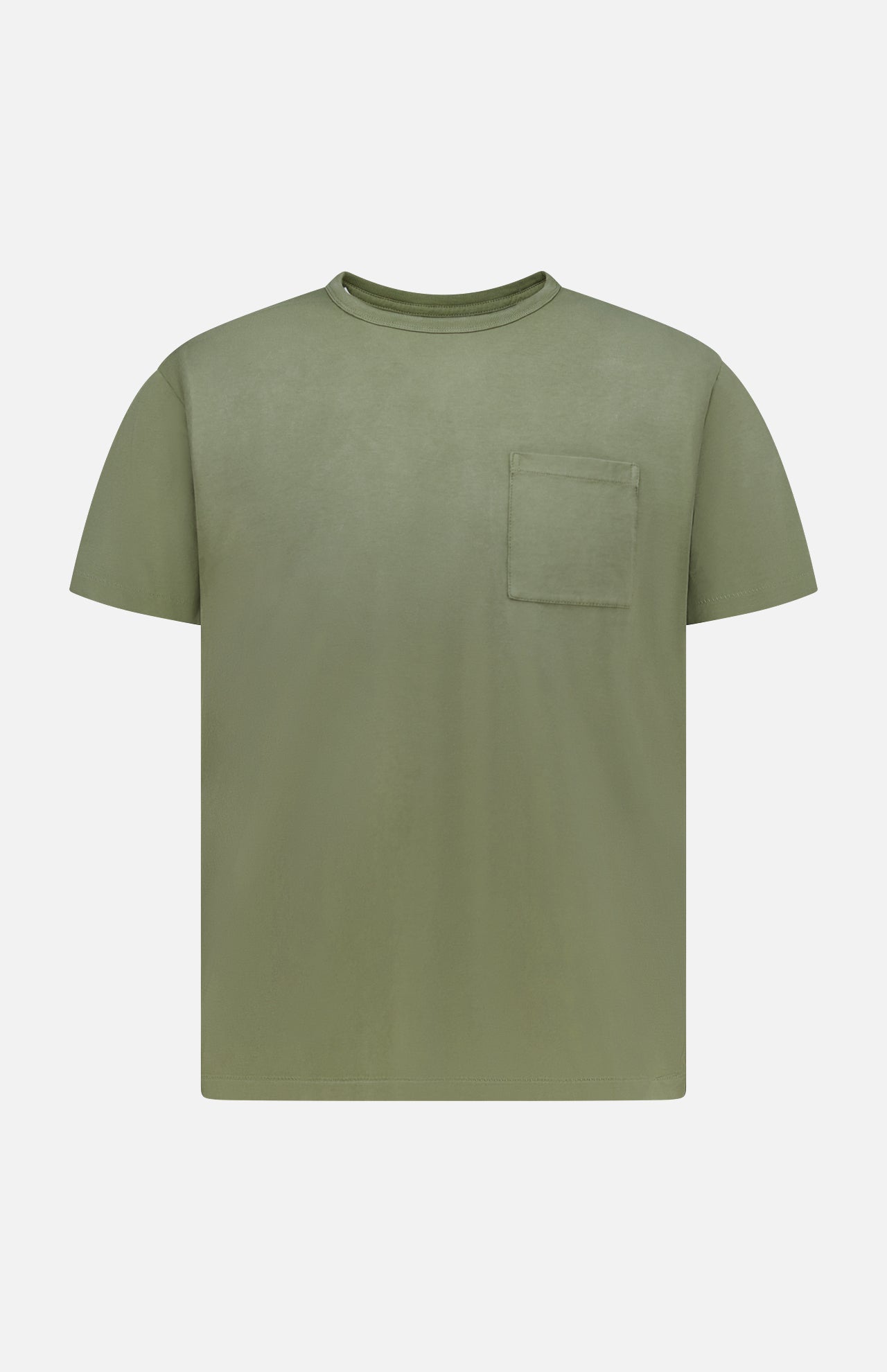 The RALPH LAUREN RRL Cotton Jersey Pocket T-Shirt in olive green features a crew neckline, garment-dyed cotton, and a small left chest pocket, shown against a plain white background.