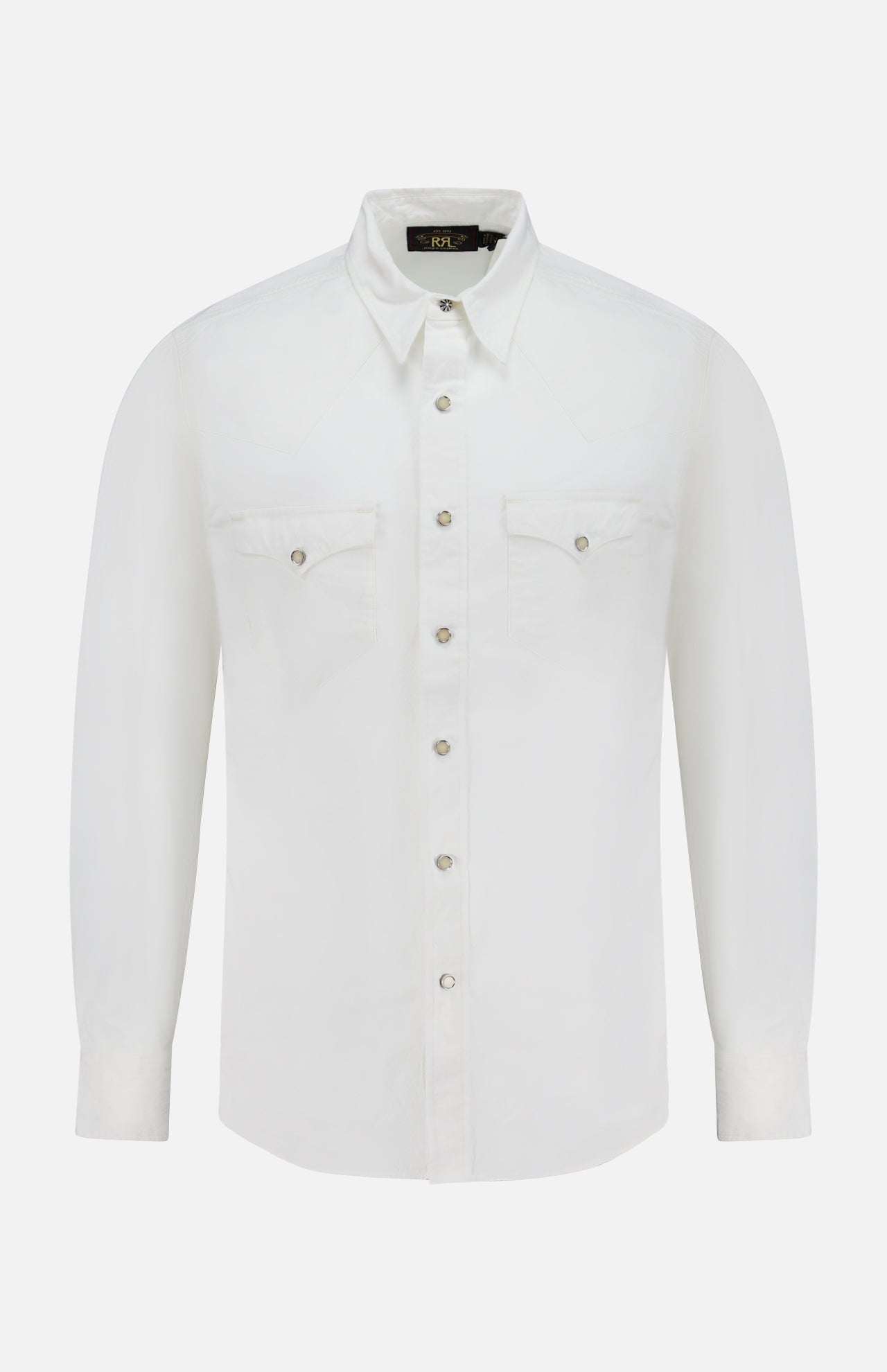The RALPH LAUREN RRL Cotton Poplin Buffalo Western Workshirt is a white, long-sleeve button-up with two chest pockets, buttoned flaps, and a pointed collar, made from crisp cotton poplin and shown on a plain white background.