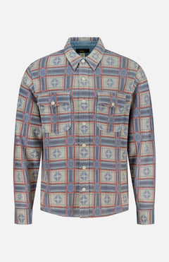 The Cotton Terry Horace Workshirt by RALPH LAUREN RRL is a vintage-inspired long-sleeve button-up with a blue, gray, and beige geometric plaid pattern, two chest pockets, shown on a plain white background.