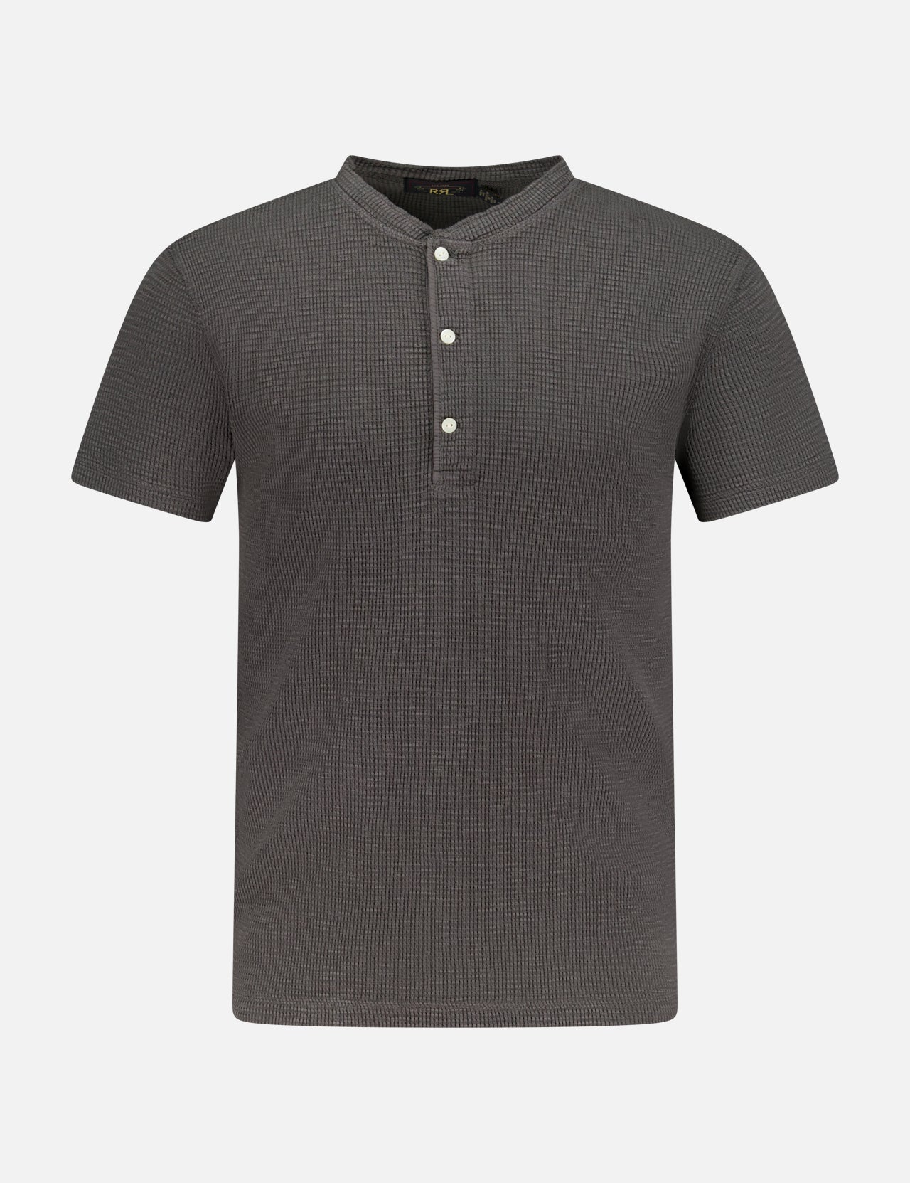 The RALPH LAUREN RRL Cotton Waffle Knit Short Sleeve Henley Shirt in dark gray features a textured waffle knit, small checkered pattern, and three white front buttons, shown on a plain white background.