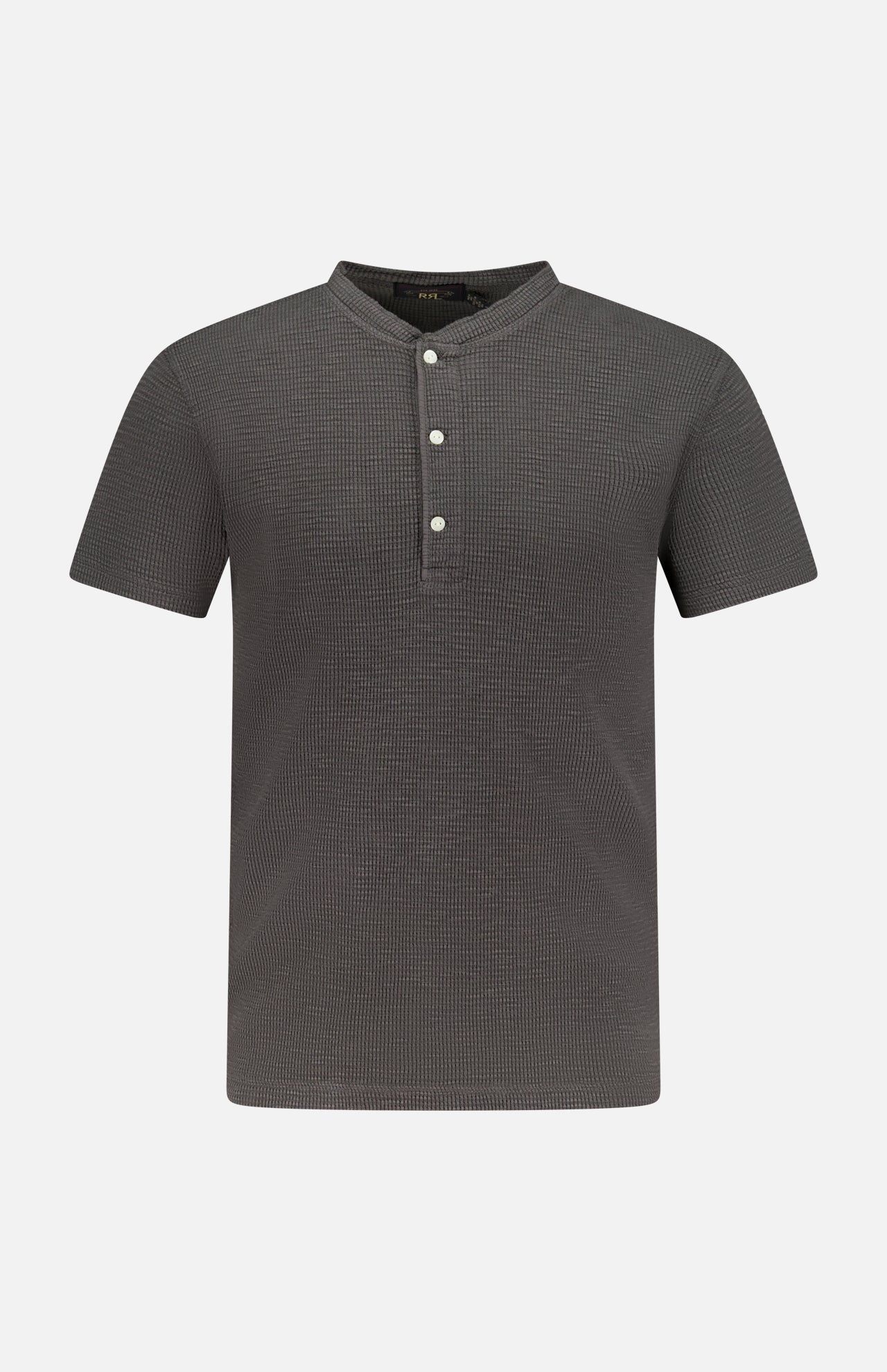 The RALPH LAUREN RRL Cotton Waffle Knit Short Sleeve Henley Shirt in dark gray features a textured waffle knit, small checkered pattern, and three white front buttons, shown on a plain white background.