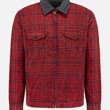 RALPH LAUREN RRL Cotton Zipped Corduroy Collared Overshirt featuring a red plaid pattern, long sleeves, two chest pockets with button flaps, a front zipper closure, and a contrasting dark gray corduroy collar in classic utility style, displayed on a plain white background.