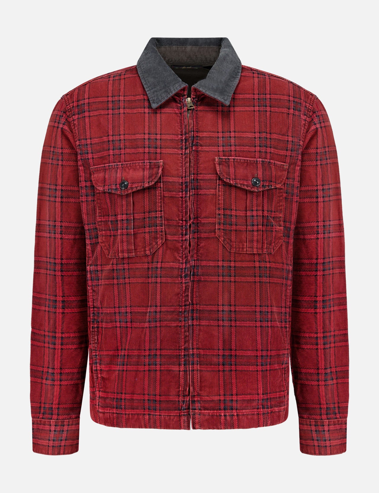 RALPH LAUREN RRL Cotton Zipped Corduroy Collared Overshirt featuring a red plaid pattern, long sleeves, two chest pockets with button flaps, a front zipper closure, and a contrasting dark gray corduroy collar in classic utility style, displayed on a plain white background.