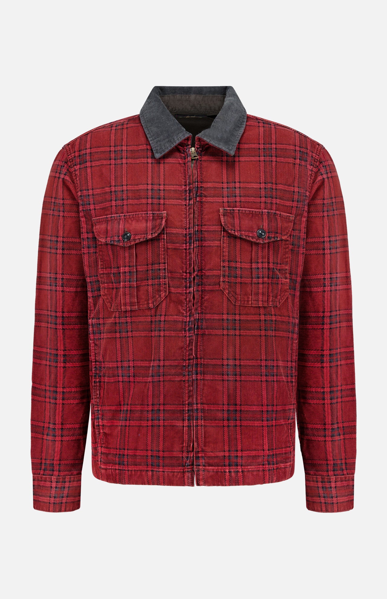 RALPH LAUREN RRL Cotton Zipped Corduroy Collared Overshirt featuring a red plaid pattern, long sleeves, two chest pockets with button flaps, a front zipper closure, and a contrasting dark gray corduroy collar in classic utility style, displayed on a plain white background.