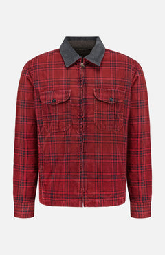 RALPH LAUREN RRL Cotton Zipped Corduroy Collared Overshirt featuring a red plaid pattern, long sleeves, two chest pockets with button flaps, a front zipper closure, and a contrasting dark gray corduroy collar in classic utility style, displayed on a plain white background.