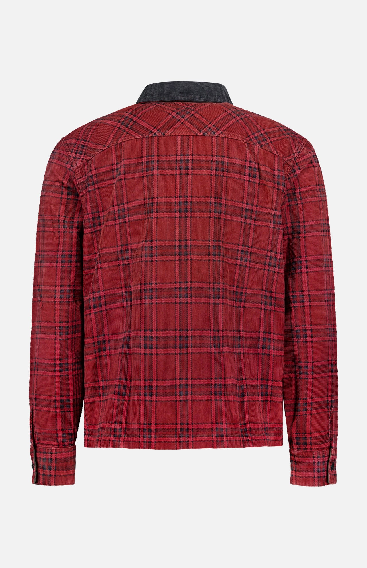The Cotton Zipped Corduroy Collared Overshirt by RALPH LAUREN RRL is shown from the back, featuring a black corduroy collar and buttoned cuffs. This utility-inspired piece showcases a classic checkered pattern with black lines, blending timeless design with everyday practicality.