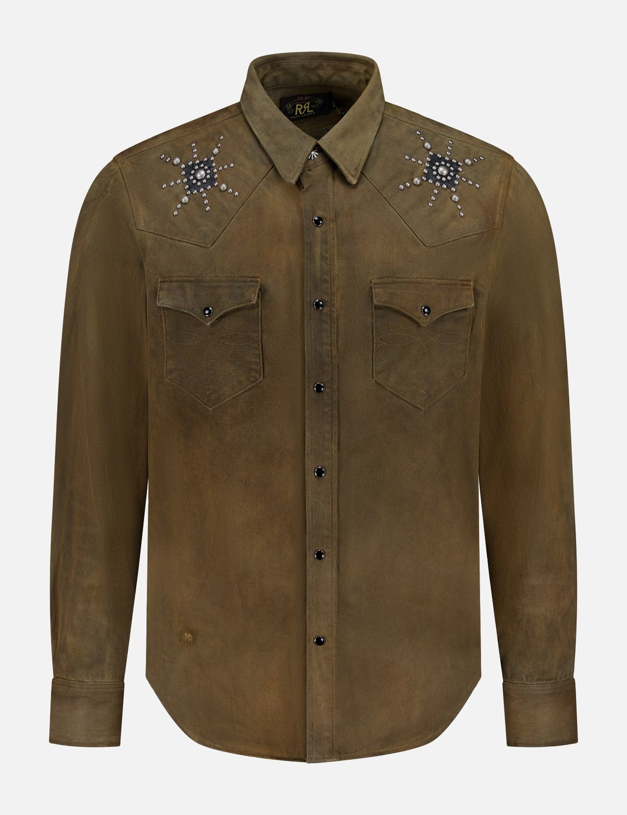 The RALPH LAUREN RRL Denim Buffalo Western Shirt is olive green with a vintage look, featuring long sleeves, two chest pockets, and silver star-shaped metal studs on the shoulders for a Western-inspired style.