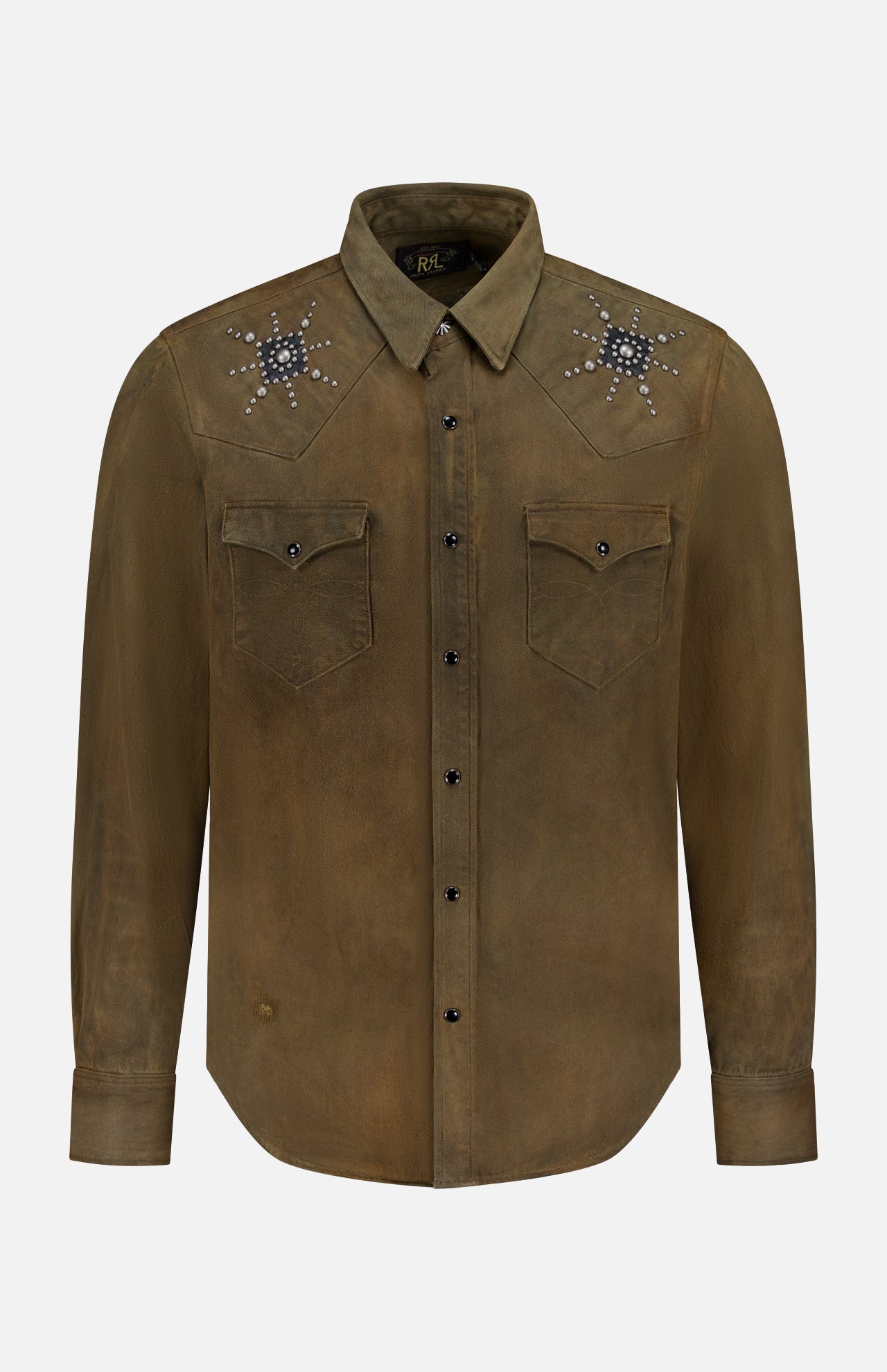 The RALPH LAUREN RRL Denim Buffalo Western Shirt is olive green with a vintage look, featuring long sleeves, two chest pockets, and silver star-shaped metal studs on the shoulders for a Western-inspired style.