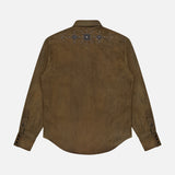 The RALPH LAUREN RRL Denim Buffalo Western Shirt features a metal stud pattern across the upper back and shoulders, a classic collar, long sleeves, and buttoned cuffs.