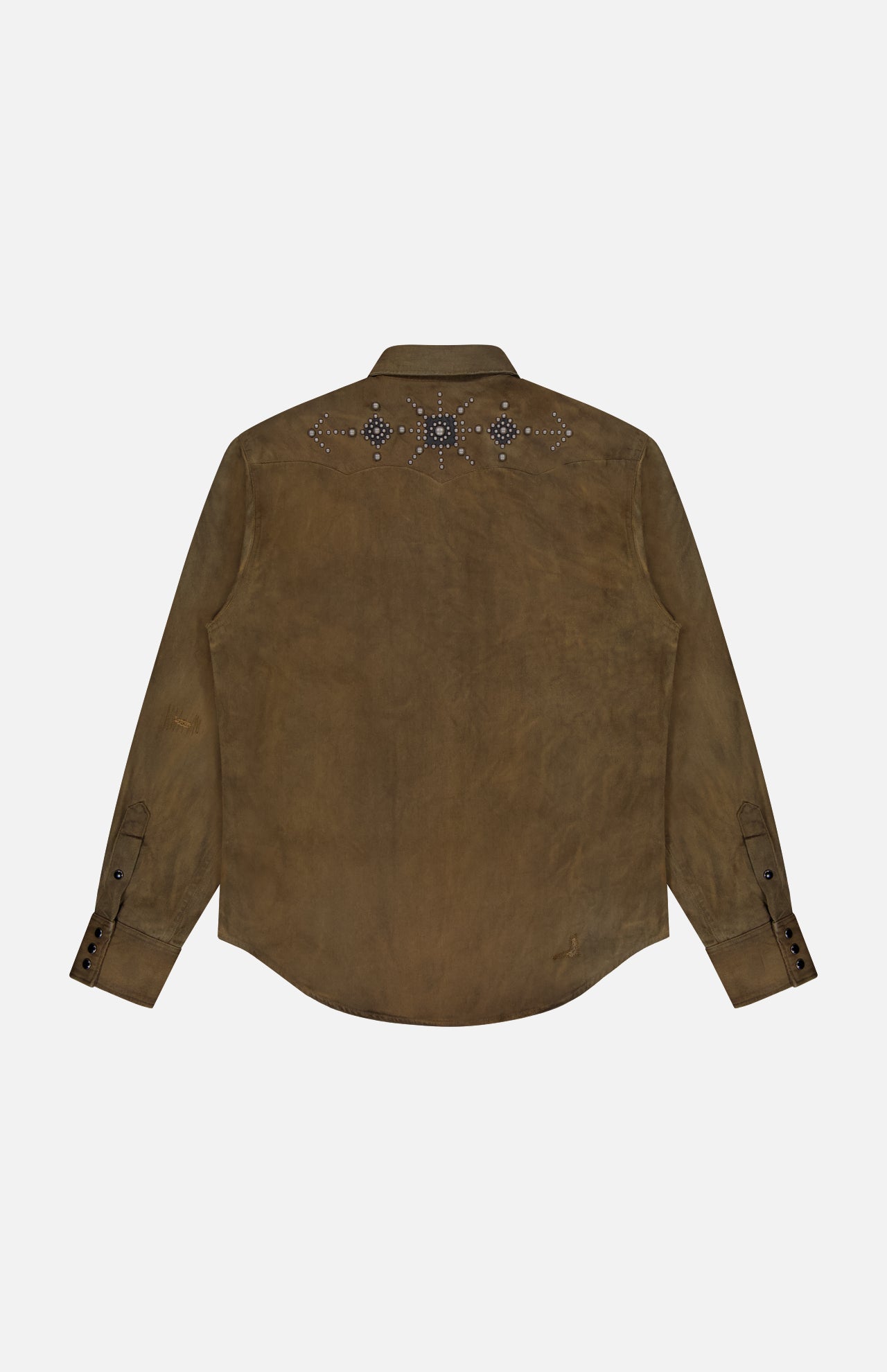 The RALPH LAUREN RRL Denim Buffalo Western Shirt features a metal stud pattern across the upper back and shoulders, a classic collar, long sleeves, and buttoned cuffs.