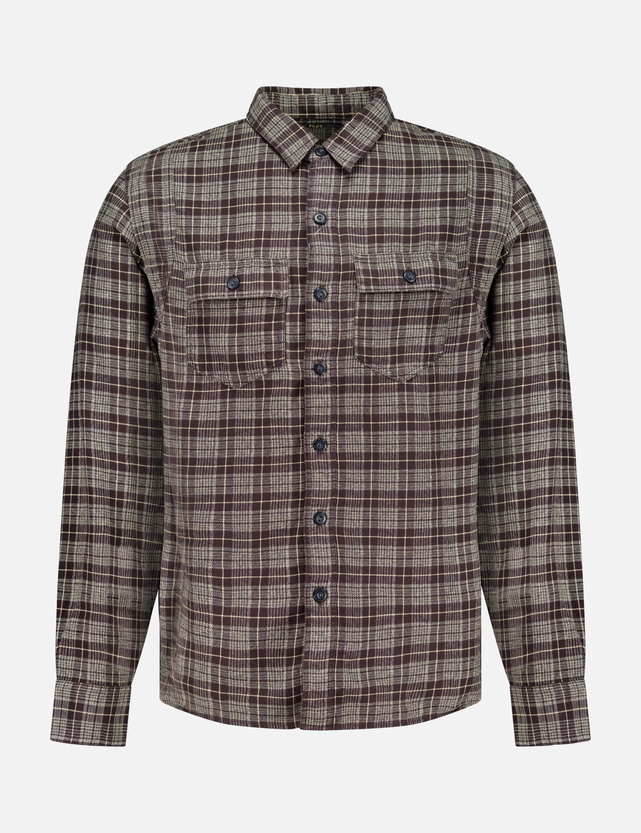 The Eaton Cotton Sport Shirt by RALPH LAUREN RRL is a long-sleeve, button-up cotton twill shirt featuring a brown and beige plaid pattern and two chest pockets, shown against a plain white background.