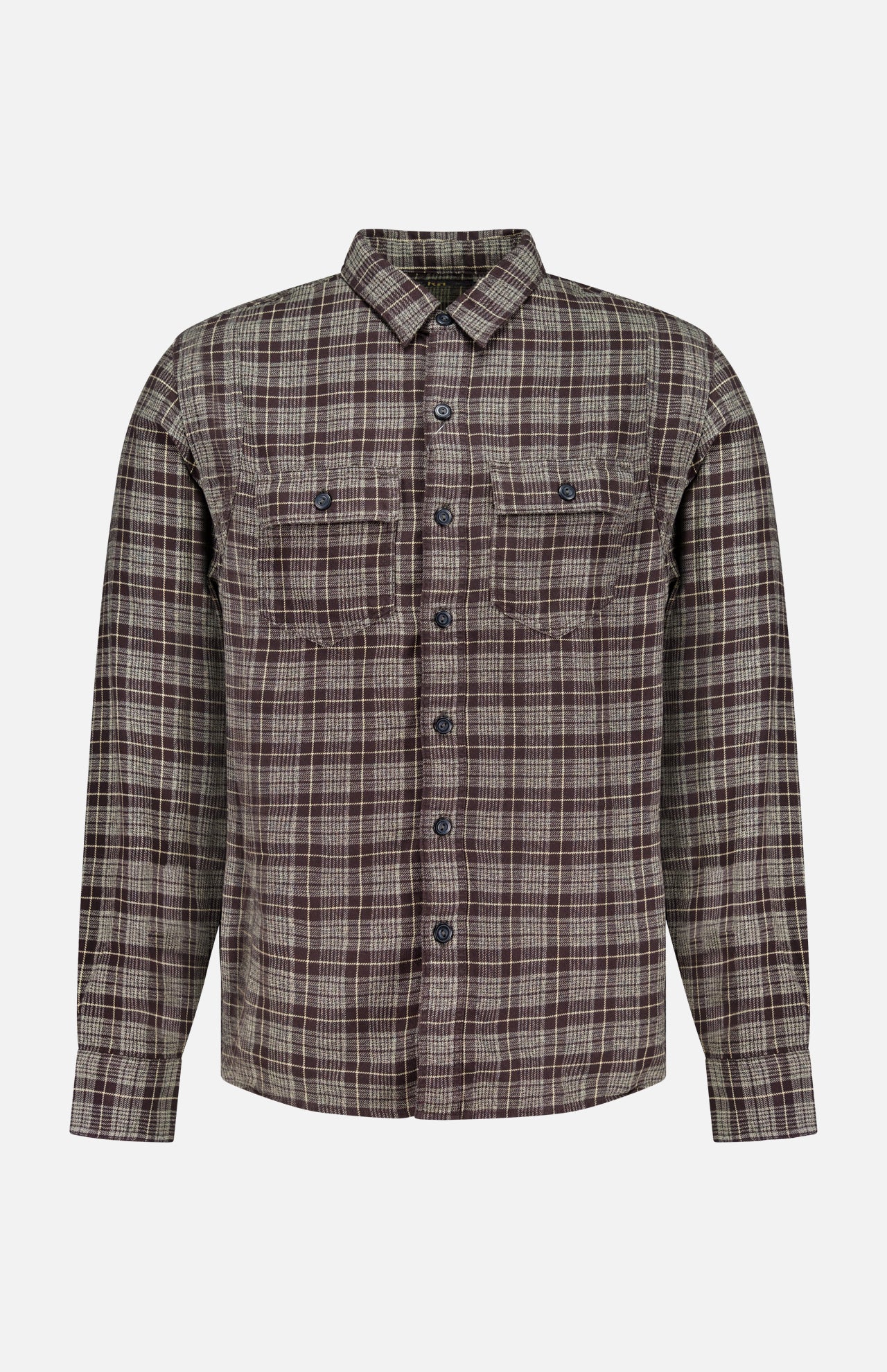The Eaton Cotton Sport Shirt by RALPH LAUREN RRL is a long-sleeve, button-up cotton twill shirt featuring a brown and beige plaid pattern and two chest pockets, shown against a plain white background.