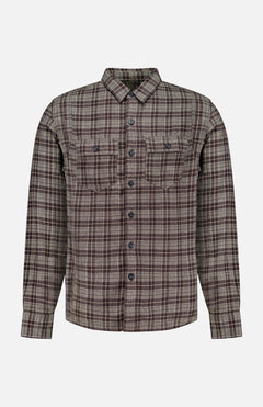 The Eaton Cotton Sport Shirt by RALPH LAUREN RRL is a long-sleeve, button-up cotton twill shirt featuring a brown and beige plaid pattern and two chest pockets, shown against a plain white background.