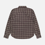 The Eaton Cotton Sport Shirt by RALPH LAUREN RRL is a long-sleeve button-up made from cotton twill, featuring a brown, beige, and black plaid pattern. It is shown from the back against a white background.