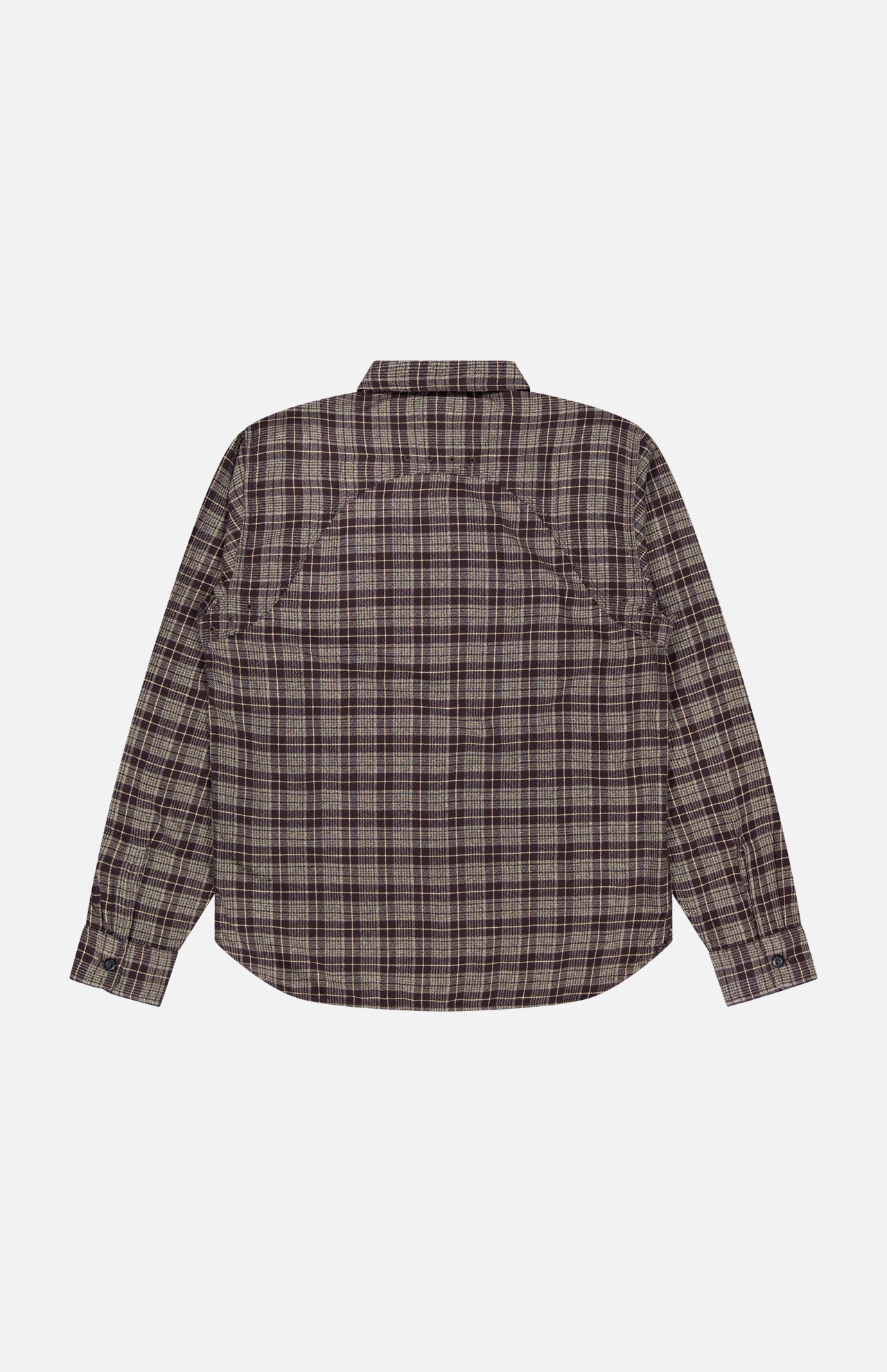 The Eaton Cotton Sport Shirt by RALPH LAUREN RRL is a long-sleeve button-up made from cotton twill, featuring a brown, beige, and black plaid pattern. It is shown from the back against a white background.