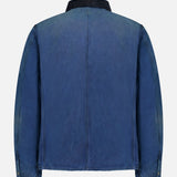 Back view of the RALPH LAUREN RRL Ellis Cotton Long Sleeve Work Shirt in faded navy, crafted from durable cotton canvas with a contrasting black collar, long sleeves, and buttoned cuffs. Visible seam lines run vertically down the center and sides, highlighting its vintage workwear-inspired design.