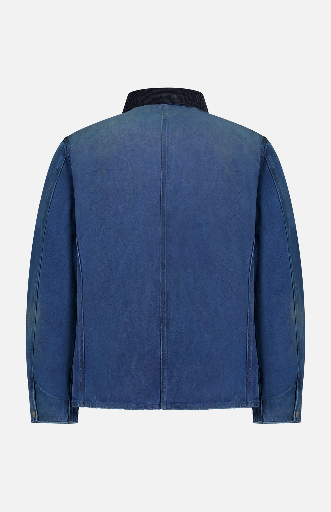 Back view of the RALPH LAUREN RRL Ellis Cotton Long Sleeve Work Shirt in faded navy, crafted from durable cotton canvas with a contrasting black collar, long sleeves, and buttoned cuffs. Visible seam lines run vertically down the center and sides, highlighting its vintage workwear-inspired design.