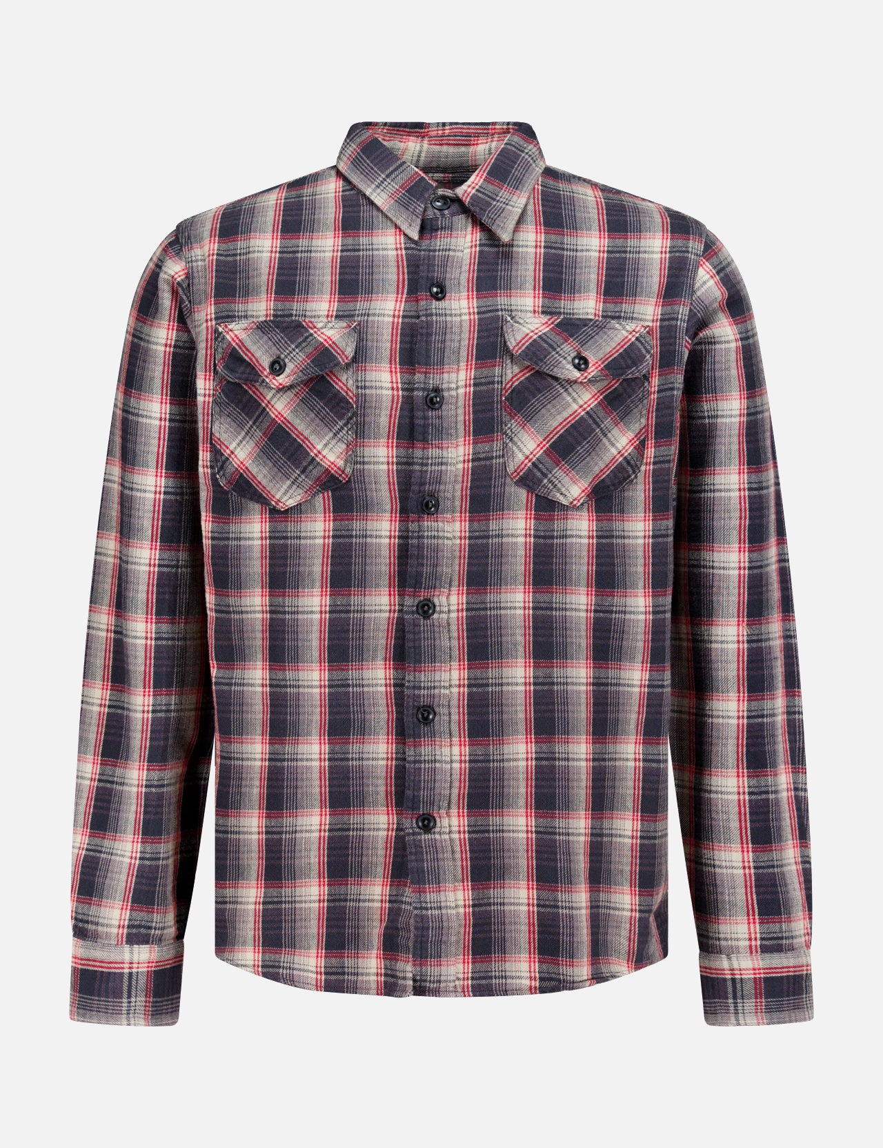 The Jasper Cotton Long Sleeve Workshirt by RALPH LAUREN RRL is a relaxed fit, button-up shirt featuring a red, black, and white plaid pattern. Crafted from durable cotton twill, it includes two chest pockets with flaps and buttons and is displayed on a plain white background.