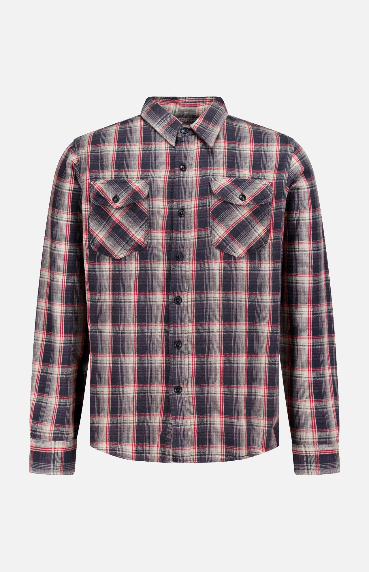 The Jasper Cotton Long Sleeve Workshirt by RALPH LAUREN RRL is a relaxed fit, button-up shirt featuring a red, black, and white plaid pattern. Crafted from durable cotton twill, it includes two chest pockets with flaps and buttons and is displayed on a plain white background.