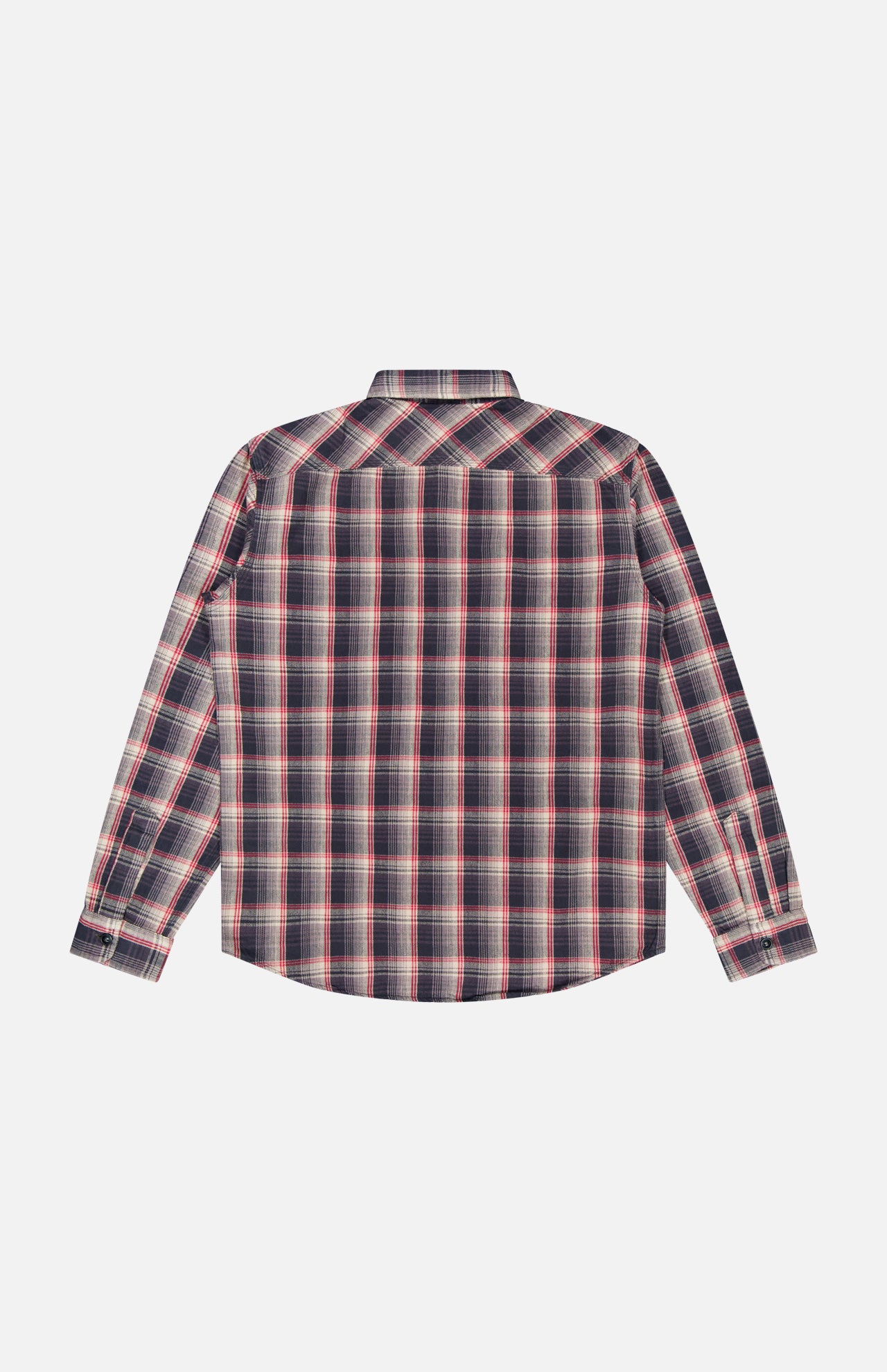 The Jasper Cotton Long Sleeve Workshirt by RALPH LAUREN RRL, featuring a red, navy, and white plaid cotton twill design with button-up closure, is shown from the back against a white background.