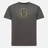 The RALPH LAUREN RRL Jersey Cotton Graphic Short Sleeve T-Shirt in dark gray features a vintage-effect chest graphic with a helmeted skull, crossed wrenches, and beige banners reading “HILL CLIMB” and “NYC.”.