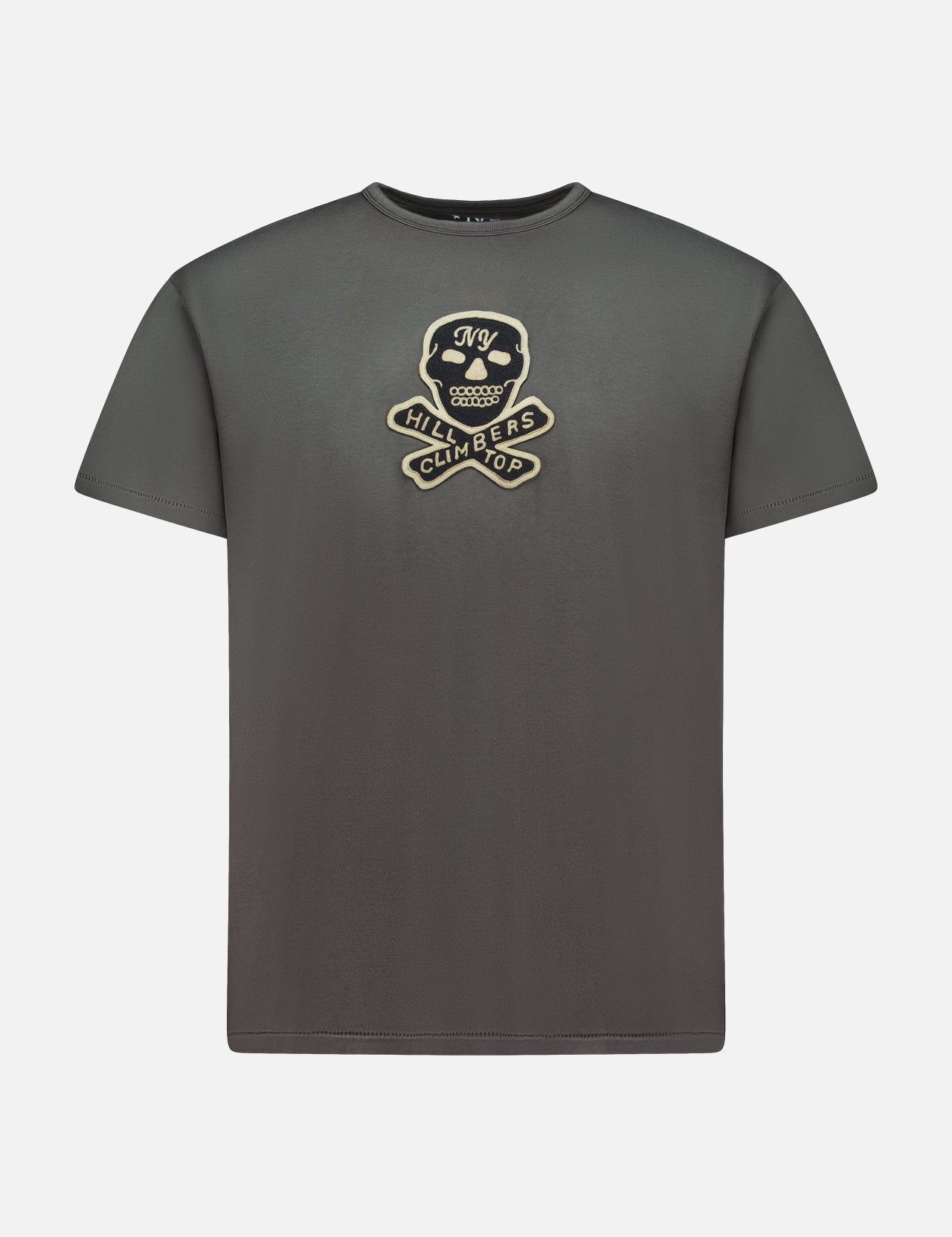 The RALPH LAUREN RRL Jersey Cotton Graphic Short Sleeve T-Shirt in dark gray features a vintage-effect chest graphic with a helmeted skull, crossed wrenches, and beige banners reading “HILL CLIMB” and “NYC.”.