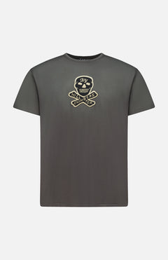 The RALPH LAUREN RRL Jersey Cotton Graphic Short Sleeve T-Shirt in dark gray features a vintage-effect chest graphic with a helmeted skull, crossed wrenches, and beige banners reading “HILL CLIMB” and “NYC.”.