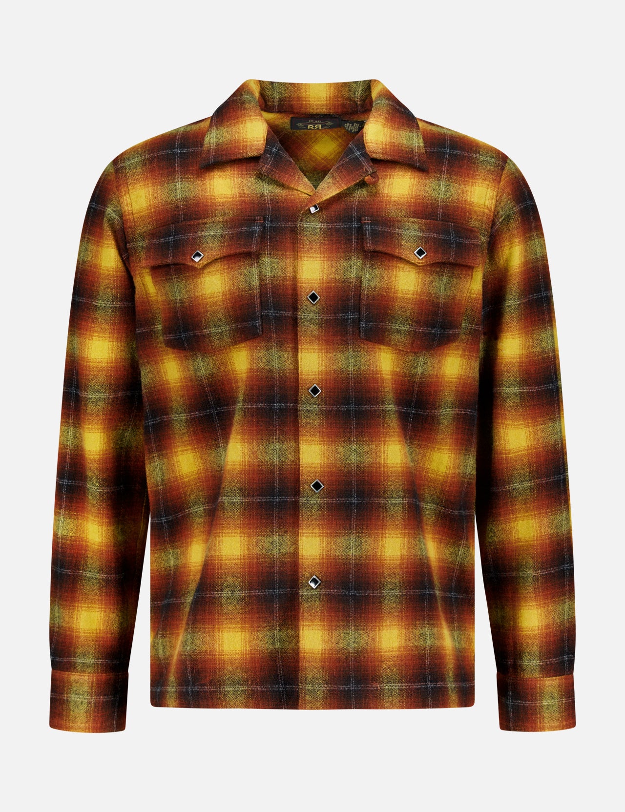The Jesse Plaid Cotton Camp Shirt by RALPH LAUREN RRL is a long-sleeve button-up shirt crafted from cotton, featuring a vibrant yellow, orange, red, and green plaid pattern. Designed with western-inspired details, it includes two chest pockets with button flaps and a pointed collar, shown against a plain white background.